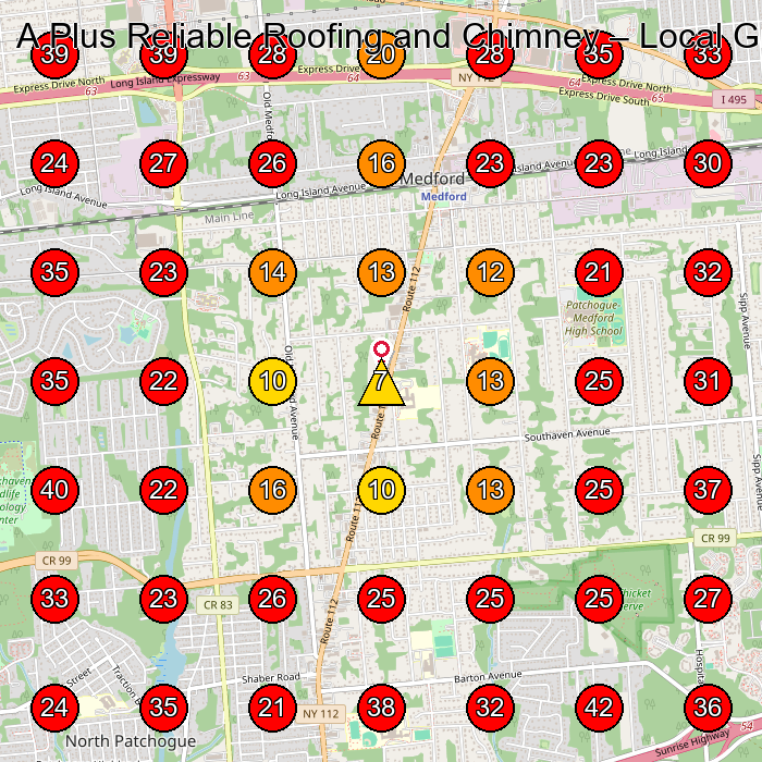 A Plus Reliable Roofing and Chimney GeoGrid visibility map for Roofing Contractor in Medford